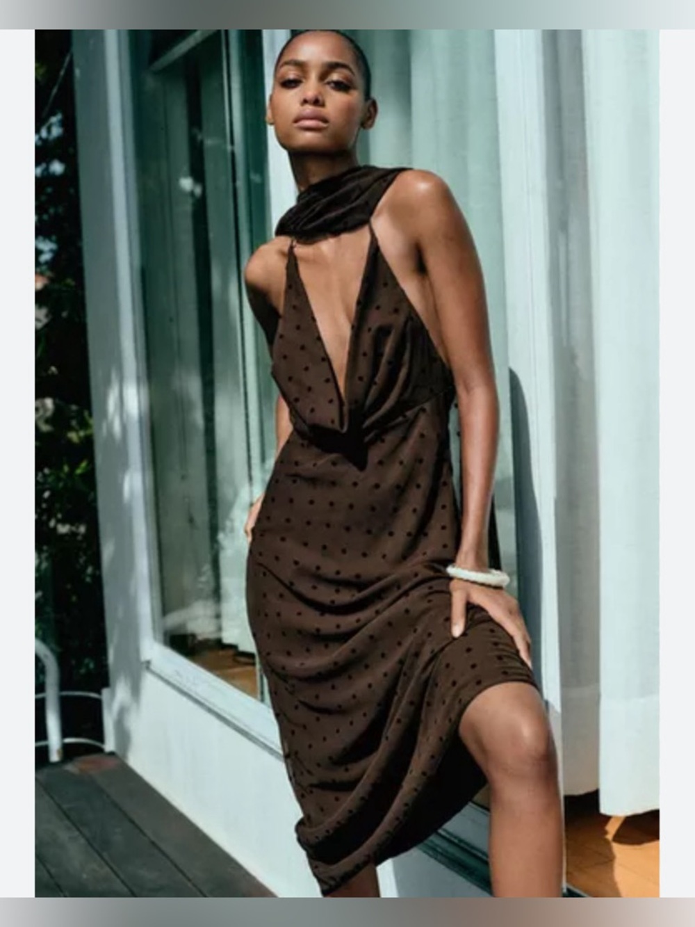 Zara Polka Dot Midi Dress Adjustable Halter Cowl Neck Brown with Scarf Small